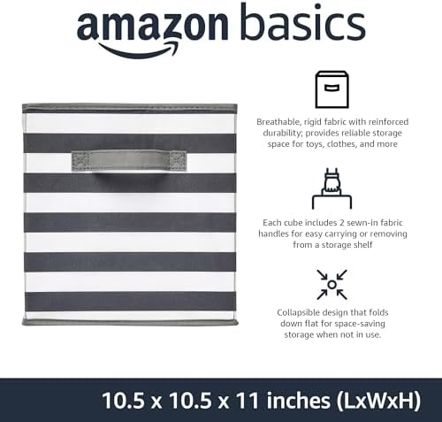 Amazon Basics Collapsible Fabric Storage Bins with Handles, Cube Organizer for Home Organization, 10.5"x10.5"x11", White/Light Grey Stripe, 6-Pack - Image 2