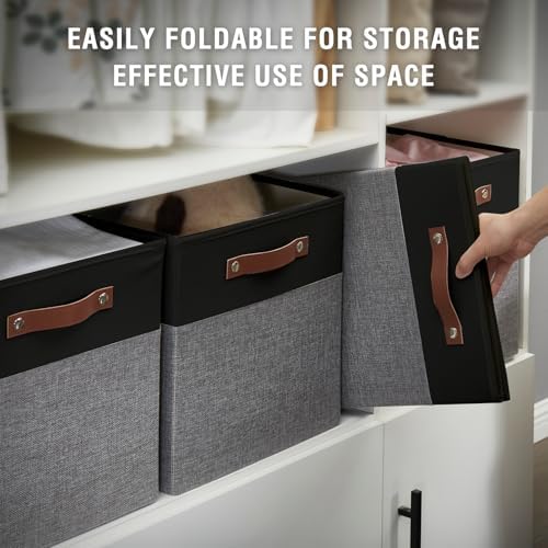 Bagnizer Collapsible Fabric Storage Cube Bins with 2 Reinforced PU Handles, Foldable Storage Organizer Baskets for Closet, Shelves, Living Room | 13"x13"x13", 4 Pack, Black & Gray - Image 6