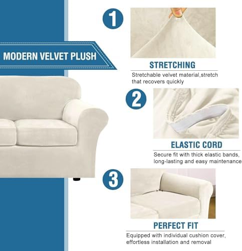 H.VERSAILTEX Real Velvet Plush 3 Piece Stretch Sofa Covers Couch Covers for 2 Cushion Couch Loveseat Covers Width Up to 72 Inch Feature Thick Soft Stay in Place (Medium Sofa, Ivory) - Image 3