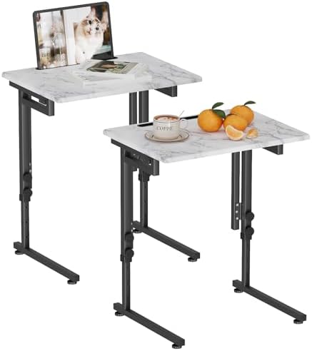 TV Tray, Folding TV Dinner Table, Adjustable Small C-Shaped End Tray for Eating, Foldable Slide Under Couch Side Table for Recliner, Living Room,No Assembly Required(White Marble,2Pcs) by Fleecy+day