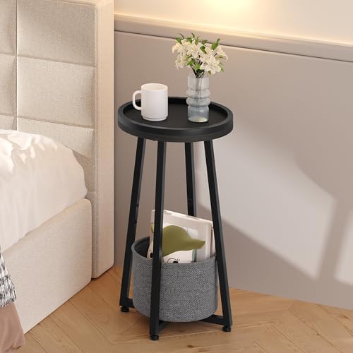 HOOBRO Small Round Side Table, 2-Tier Round Sofa End Table, Compact Nightstand with Fabric Storage Basket, for Small Space, Living Room, Bedroom, Dorm, Black BB183BZ01 - Image 5