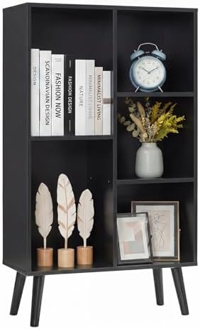 YAHARBO Small Black Narrow Bookshelf,3 Tier Modern Bookcase with Legs,Bookshelves Wood Storage Shelf,Rustic Book Shelves Cube Organizer,Display Bookcase by YAHARBO