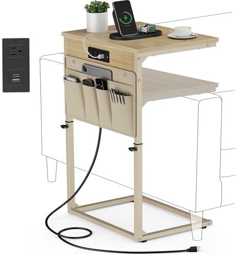 Vagusicc C-Shaped End Table with Charging Station, Small Side Table for Couch, 33" Tall C Table Adjustable Height Side Table, Couch Tables that Slide Under, Sofa Table TV Tray for Living Room, Natural by Vagusicc