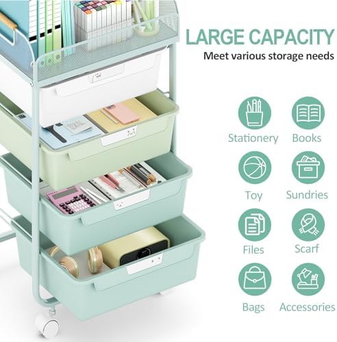 SYKIARIOL 4-Drawer Rolling Storage Cart with Mesh Top,Green - Image 5