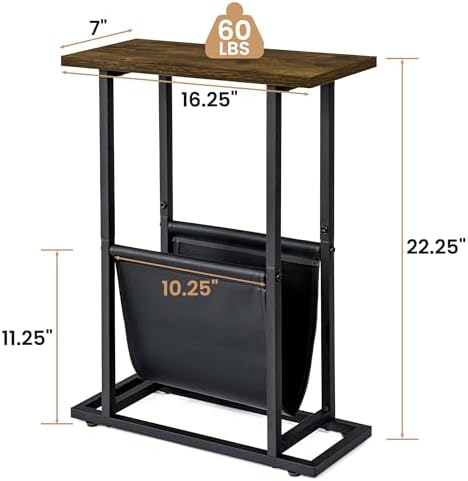 Acovy Narrow Side Table for Small Place,Metal Table with PU Leather Bag,Slim Nightstand for Reading Or Storage,Sofa Side Table for Living Room,Bedroom,Brown - Image 3