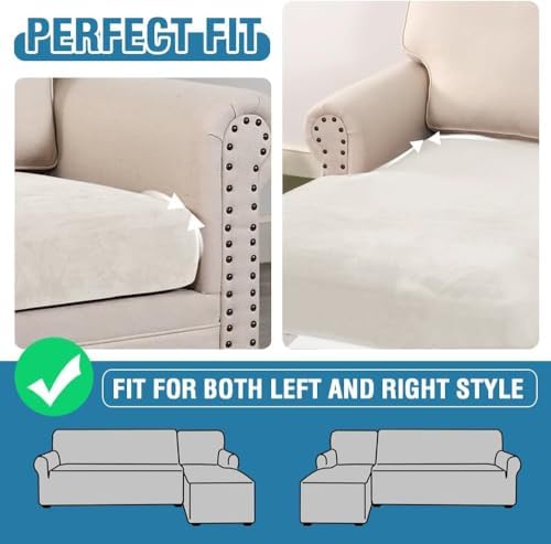 H.VERSAILTEX Velvet Stretch Sectional Couch Covers 3 Pieces Sofa Seat Cushion Covers L Shape Separate Cushion Couch Cover for Left/Right Sectional Couch(Large Sofa 2 Seater + 1 Chaise,Porcelain White) - Image 6