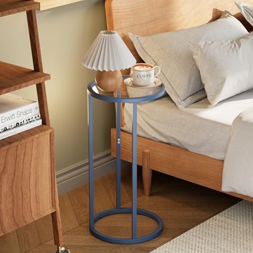 C Table Side End Table,Glass Couch Table Set of 2, Round Sofa End Table with Metal Frame, Small Snack Table for Living Room, Bedroom, Small Spaces, Easy Assembly (Blue,2pcs) - Image 6