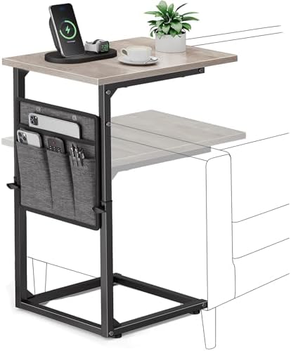 Vagusicc C-Shaped End Table, Small Side Table for Couch, Sofa Table Adjustable Height End Tables Living Room, Bedside Slide Under Couch Table for Sofa, TV Tray Table with Metal Frame for Bedroom, Grey by Vagusicc