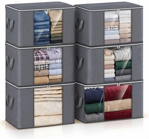 Large Storage Bags, 6 Pack Clothes Storage Bins Foldable Closet Organizers Storage Containers with Reinforced Handle for Clothing, Blanket, Comforters, Bed Sheets, Pillows and Toys (Gray) by Unknown