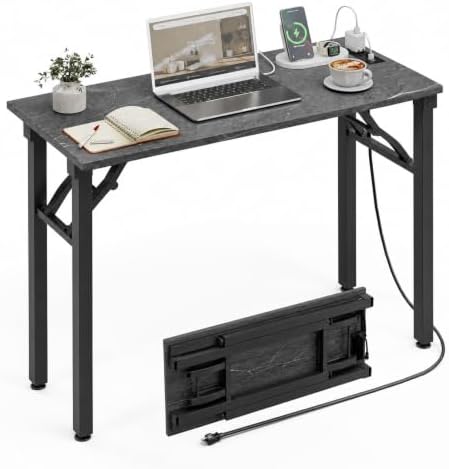 XBurmo Small Folding Desk Folding Table, No Assembly Foldable Desk Gaming Desk, 35.8-Inch Computer Table Workstation with 2 AC Outlets and 2 USB Ports for Bedroom and Home Office, Marble Greige by XBurmo
