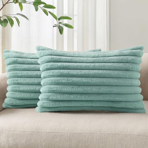 Pallene Faux Fur Decorative Throw Pillow Covers 12x20 Set of 2, Aqua by PALLENE