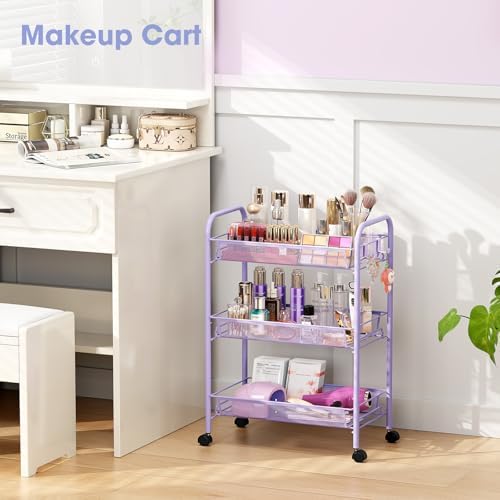 TOOLF 3 Tier Rolling Cart, Metal Utility Storage Cart with Wheels, Purple | 3 Hooks, Screwless Assembly, Trolley Organizer for Bathroom, Kitchen, Office, Nursery, Dorm, Laundry Room - Image 5
