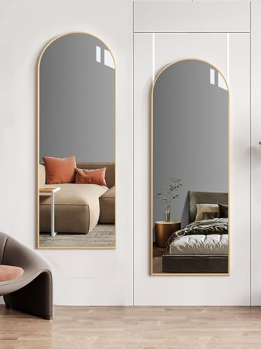 Arched Full Length Mirror, 48"x14" Gold, Tempered Shatterproof Glass & Aluminum Frame, Over Door or Wall Mounted, No Drill Installation for Bedroom, Bathroom, Closet, Entryway, Living Room Decor by DMWOODFL