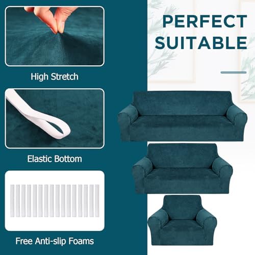 Peryiter 3 Pcs Couch and Loveseat Sofa Covers,Deep Teal,Velvet - Image 3
