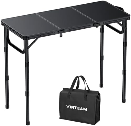 VINTEAM Tri-Folding Camping Table with 3 Adjustable Heights, Lightweight Portable Outdoor Picnic BBQ Table, Black Aluminum Folding Grill Table for Camping, RV, Beach, Fishing & Backyard by VINTEAM