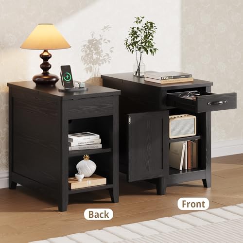 IRONCK Black End Tables Set of 2 Narrow Side Table with Charging Station - Image 5