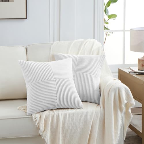 Fancy Homi 2 Packs Pure White Decorative Throw Pillow Covers 16x16 Inch for Living Room Couch Bed, Rustic Farmhouse Boho Home Decor, Soft Corss Patchwork Corduroy Textured Square Cushion Case 40x40 cm - Image 6