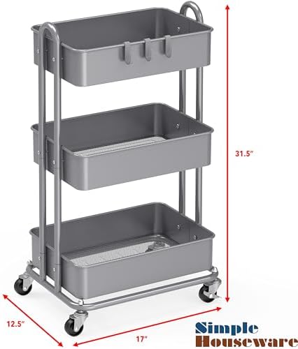 Simple Houseware 3-Tier Heavy Duty Metal Utility Rolling Cart, Silver - Image 6