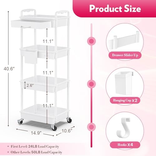 SUNALLY Makeup Cart Organizer with Drawer,4 Tier Rolling Makeup Cart, White - Image 2