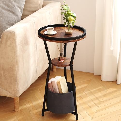 Yusong Round Side Table, Small Drink Table for Small Spaces, 3-Tier Industrial End Table, Accent Nightstand Bedside Table for Living Room, Bedroom, Sofa Couch, Rustic Brown by Yusong