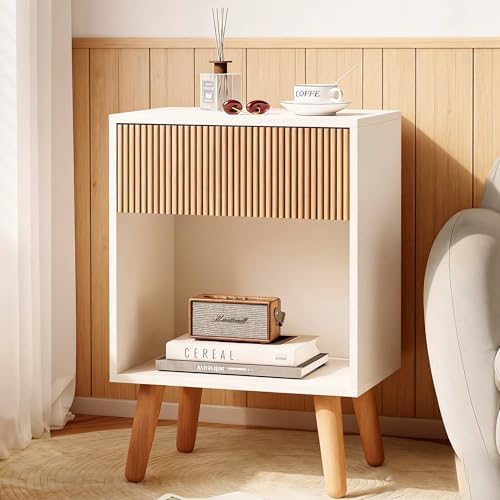 Fluted Nightstand, Modern Bedside Table with Storage Drawers and Open Wood Shelf, Night Stand with Solid Wood Legs, End Tables Side Tables for Living Room, Bedroom by INNODToddlerTower
