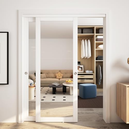 JUBEST 60" x 80" Mirror Closet Door, Preassembled One Side Mirror Door with Hardware Kit & Matching Fascia, Solid Wood Frame with Water-Proof PVC Surface, Easy to Install, White by JUBEST