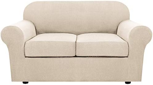 H.VERSAILTEX 3 Piece Stretch Sofa Covers for 2 Cushion Loveseat Couch Covers for Living Room Sofa Slipcovers (Base Cover Plus 2 Seat Cushion Covers) Thicker Jacquard Fabric(Medium Sofa, Natural) by HVERSAILTEX
