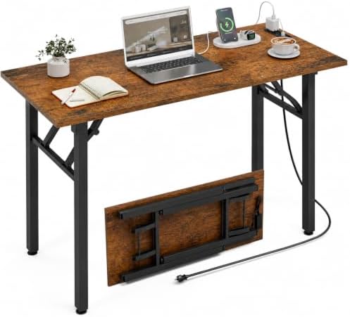 XBurmo Small Folding Desk Folding Table, No Assembly Foldable Desk Gaming Desk, 43.3-Inch Computer Table Workstation with 2 AC Outlets and 2 USB Ports for Bedroom and Home Office, Rustic Brown by XBurmo