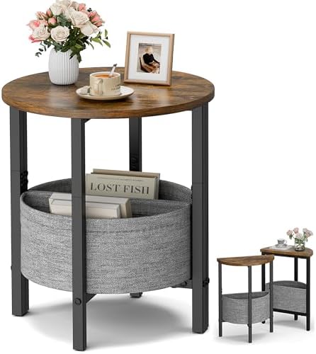 Vagusicc Small Round Side Table, Accent End Table with Storage Basket, Set of 2 Half Round Coffee Table End Table, Half Moon Bedside Table, Modern Nightstand Couch Table for Living Room Bedroom, Brown by Vagusicc