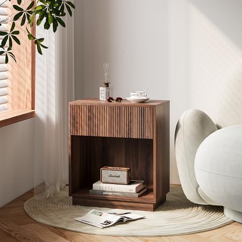 Fluted Nightstands Set of 2, Modern Bedside Table with Storage Drawer and Open Wood Shelf, Wood End Table Mid Century Night Stands for Bedroom Living Room Sofa Couch Office Walnut Brown - Image 6