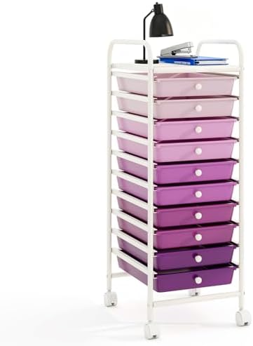 10-Drawer Rolling Storage Cart, Trolley w/Lockable 360° Wheels, 10 Removable PP Drawers, Sturdy Metal Frame, Rolling Utility Cart Perfect for Home, Office, Classroom (Gradient Purple) by BUYNOW