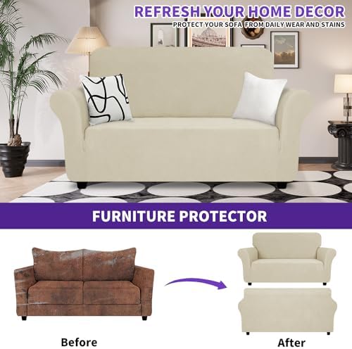 ZNSAYOTX Super Stretch Loveseat Covers (57"-70"), New Striped Love Seat Slipcover, Dogs Pet Friendly Anti-Slip Couch Protector Spandex Durable 2 Seater Fabric Sofa Cover (Khaki, Loveseat) - Image 2