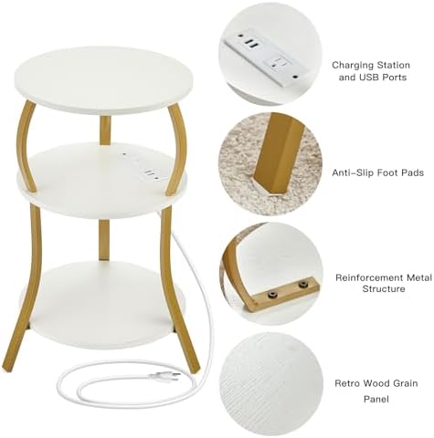 Small Round Side Table with Charging Station, 3-Tier Waist Circular End Table with Storage Shelf, Compact Tea Sofa Side Table Small Spaces, Round Corner Coffee Table for Living Room Bedroon,White+Gold - Image 6