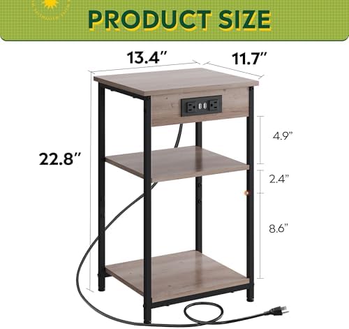 WLIVE Grey End Table with Charging Station, Small Night Stand - Image 3
