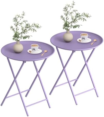 Garden 4 you Folding TV Tray Table, Metal Round Side Table, Purple Dinner Table with Metal Frame, Modern Outdoor Tray Table for Living Room, Bedroom, Patio & Small Spaces, 2 Packs by Garden4you