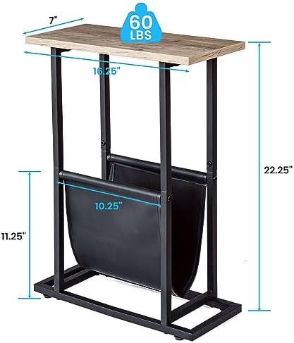 FLYJOE Narrow Side Table with PU Leather Magazine Holder Rustic Slim Little Thin Table for Living Room, Bedroom, Sofa, Grey - Image 3