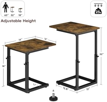 Vagusicc C-Shaped End Table for Couch, 33" Tall C Table Adjustable Height Side Table, Couch Side Tables with Metal Frame Slide Under Sofa, Sofa Table TV Tray for Living Room, Bedroom, Bedside, Brown - Image 3