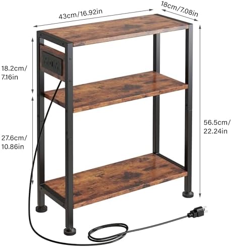 End Table with Charging Station, 3-Tier Side Table for Small Space, Skinny Nightstand with USB/Type C Port and 2 Outlets, Slim Beside Table for Living Room, Bedroom, Balcony, Rustic Brown - Image 3