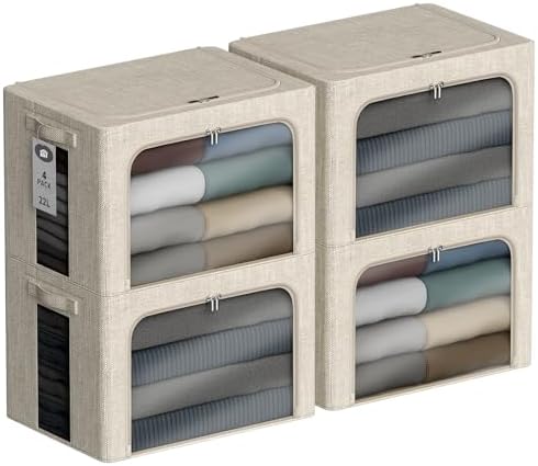 4 Pack Clothes Storage Bins with Metal Frame - 22L Stackable Storage Box with Lid，Foldable Storage Container Organizer for Clothes，Linen Fabric Storage Box with Clear Window＆Zippers＆Handles by Chizjox