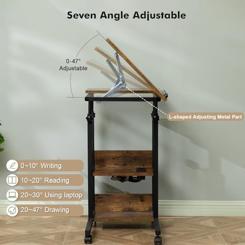Hadulcet Adjustable C Table with Charging Station, Tiltable Desk C Shaped End Table for Couch, Over Bed Table with Wheels Adjustable Height, Hospital Table Laptop Stand Drawing Desk, Rustic Brown - Image 6