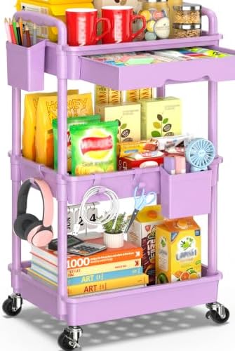 SUNALLY 3 Tier Rolling Cart with Drawer,Craft Storage Cart Organizer,Purple by SUNALLY