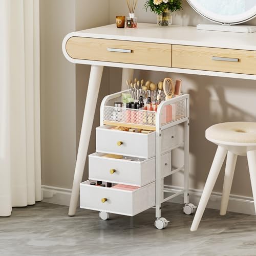 SWTYMIKI Rolling Makeup Organizer Cart - Under Desk Vanity Makeup Storage with 3 Non-woven Drawers, Nail Cart Organizer Cosmetic Display Cases Cabinet for Skin Care Perfume Nail Polish Brush Hair Tool - Image 5