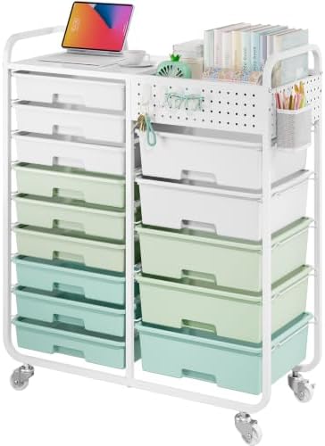14 Drawer Rolling Storage Cart with Tabletop and Pegboard for Crafts Green by APEXCHASER