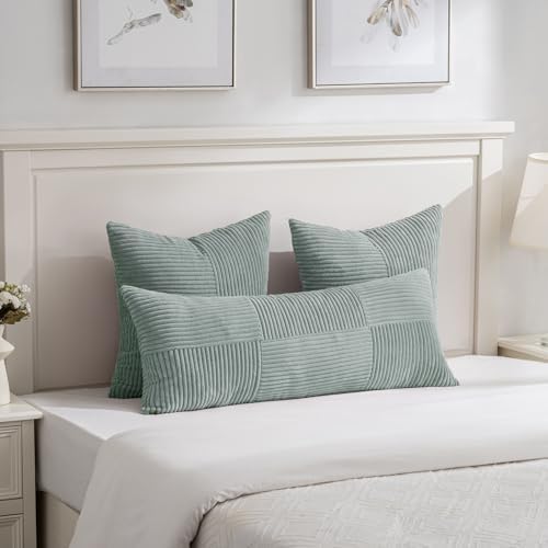 Fancy Homi 2 Packs Grey Blue Euro Decorative Throw Pillow Covers 28x28 Inch for Couch Bed Sofa, Rustic Farmhouse Boho Home Decor, Soft Corss Corduroy Patchwork Textured Square Cushion Case 71x71 cm - Image 5