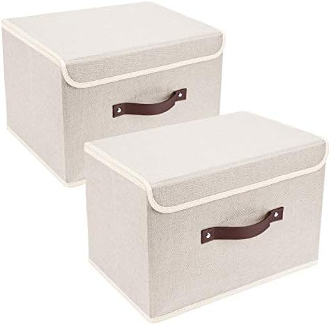 TYEERS Collapsible Storage Boxes, Washable Fabric Storage Bins with Lids, 14.9x9.8x9.8 inches, 2 Pack, Beige by StorageOrganization