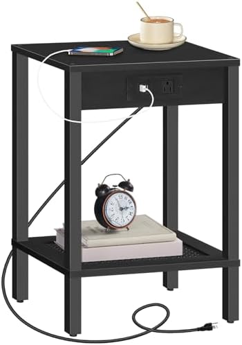 HOOBRO Side Table with Charging Station, End Table with USB Ports and Outlet, Nightstand with 2-Tier Storage Shelf, Faux Rattan Decoration, for Small Space, Black BK91UBZ01 by HOOBRO