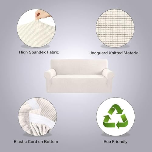 H.VERSAILTEX Stretch Sofa Covers for 3 Cushion Couch Covers Sofa Slipcovers for Living Room Feature Thick Checked Jacquard Fabric with Elastic Bottom, Sofa X-Large - Ivory - Image 4