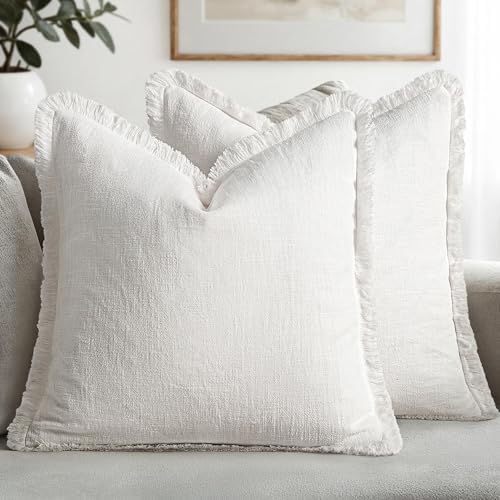 MIULEE Boho Linen Fringe Decorative Throw Pillow Covers White 18x18 by MIULEE