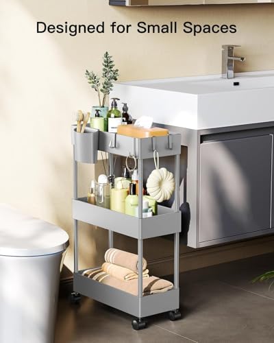 Pipishell 3 Tier Slim Storage Cart with Wheels, Bathroom Storage Cart, Gray - Image 3