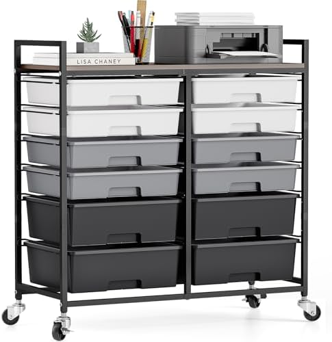 TOOLF 12 Drawers Rolling Storage Cart with Wooden Top for Classroom,Grey by TOOLF